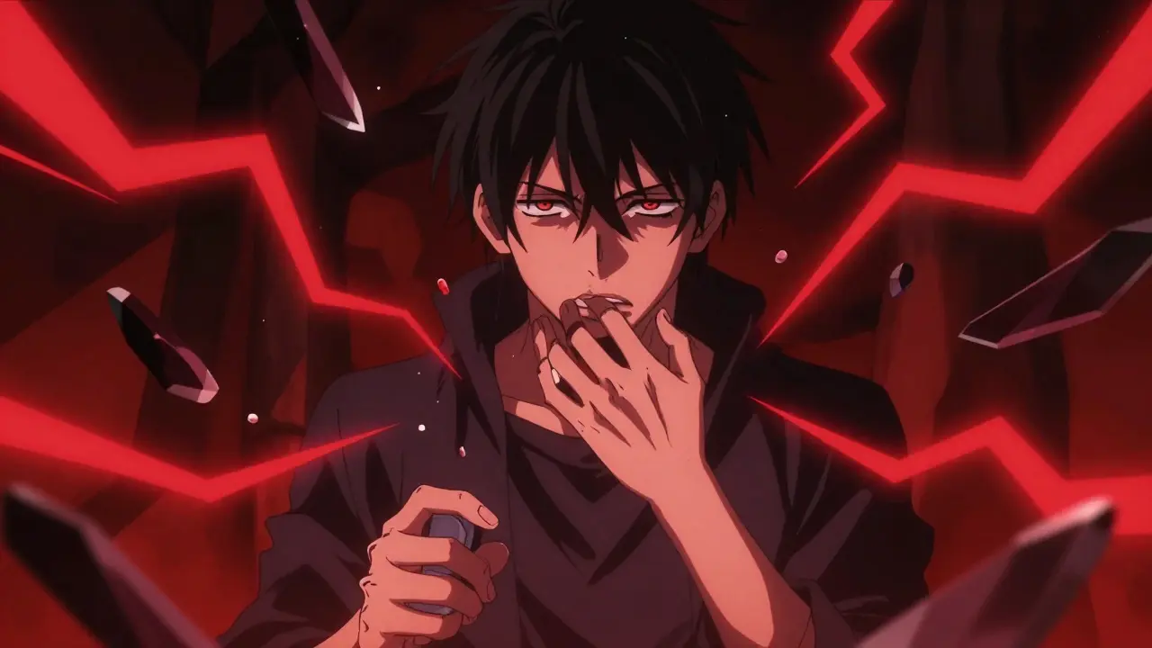 Dramatic anime scene illustrating drug interaction risks and conflict.