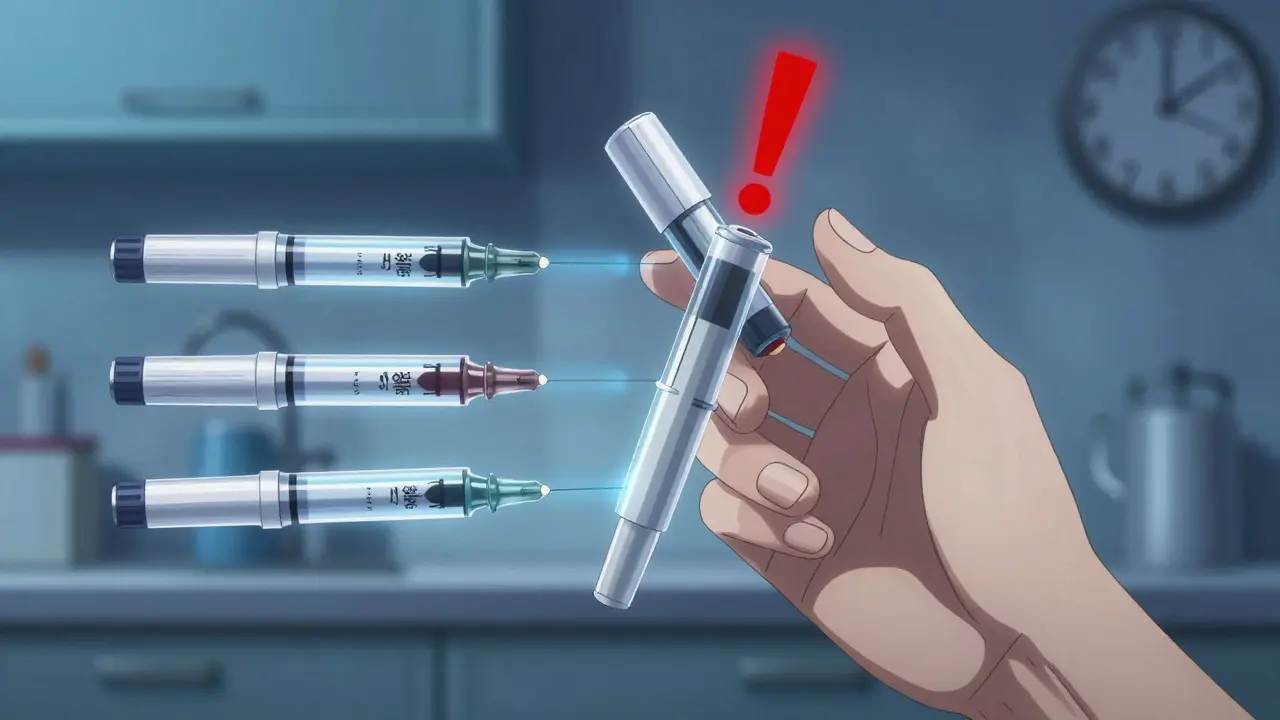 Hand hovering over insulin pen as transparent timelines and a pulsing warning symbol indicate risky timing.