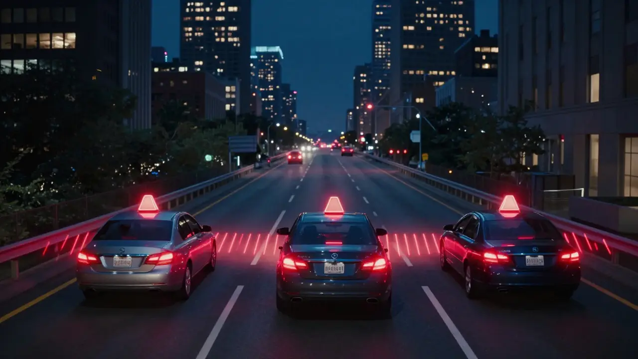 Neon-lit financial vehicles on a highway, with glowing red lines showing regulatory tension between EU and U.S. banking systems.