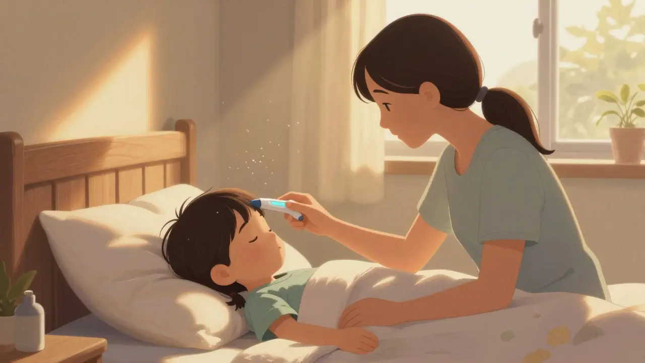 Parent watching over sleeping child in sunlit bedroom with care.