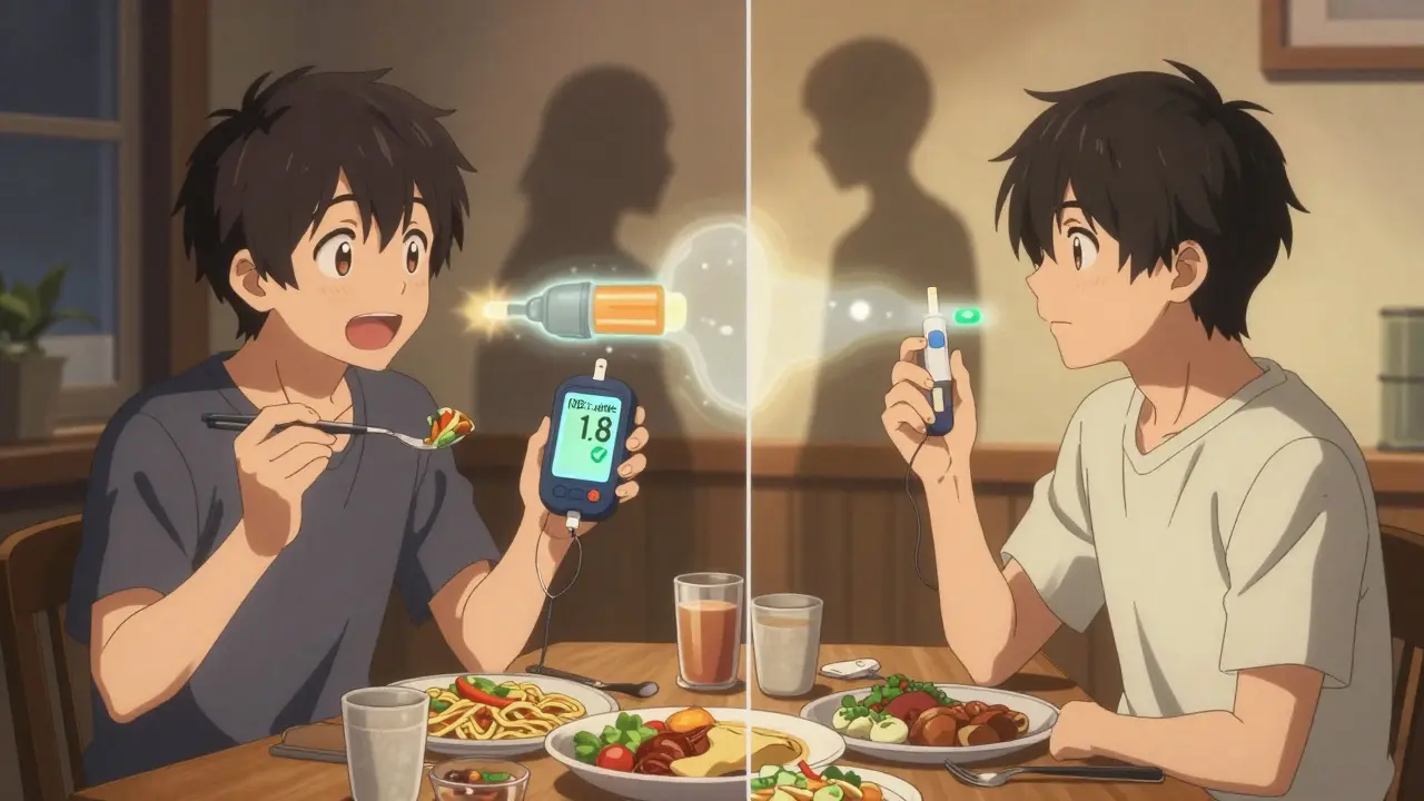 Split scene: one side shows stable glucose during dinner, the other shows a pump alerting safe insulin on board.