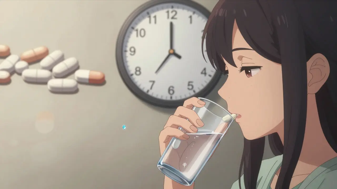 Woman taking thyroid medication with prenatal vitamins fading away, emphasizing proper dosing timing.