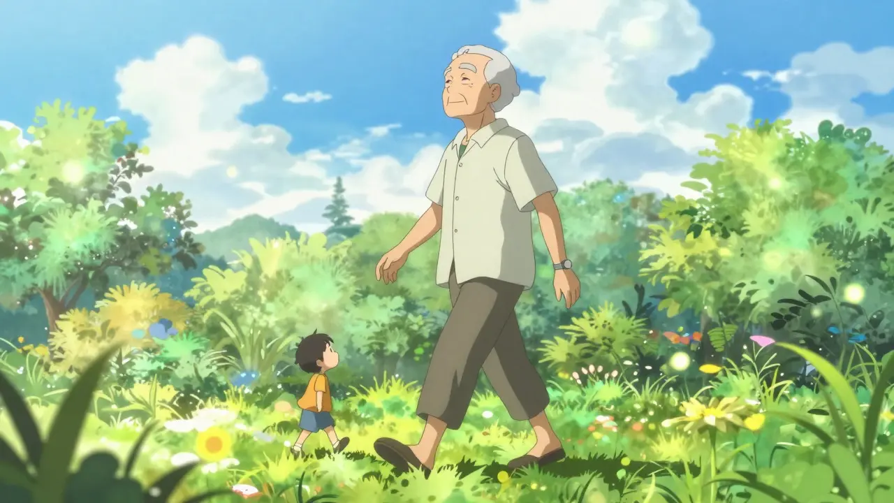 An elderly person smiling and walking in a vibrant, sunlit garden in anime style.