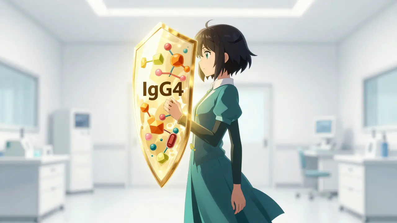 Anime concept art of a person protected by a golden antibody shield in a clinic.