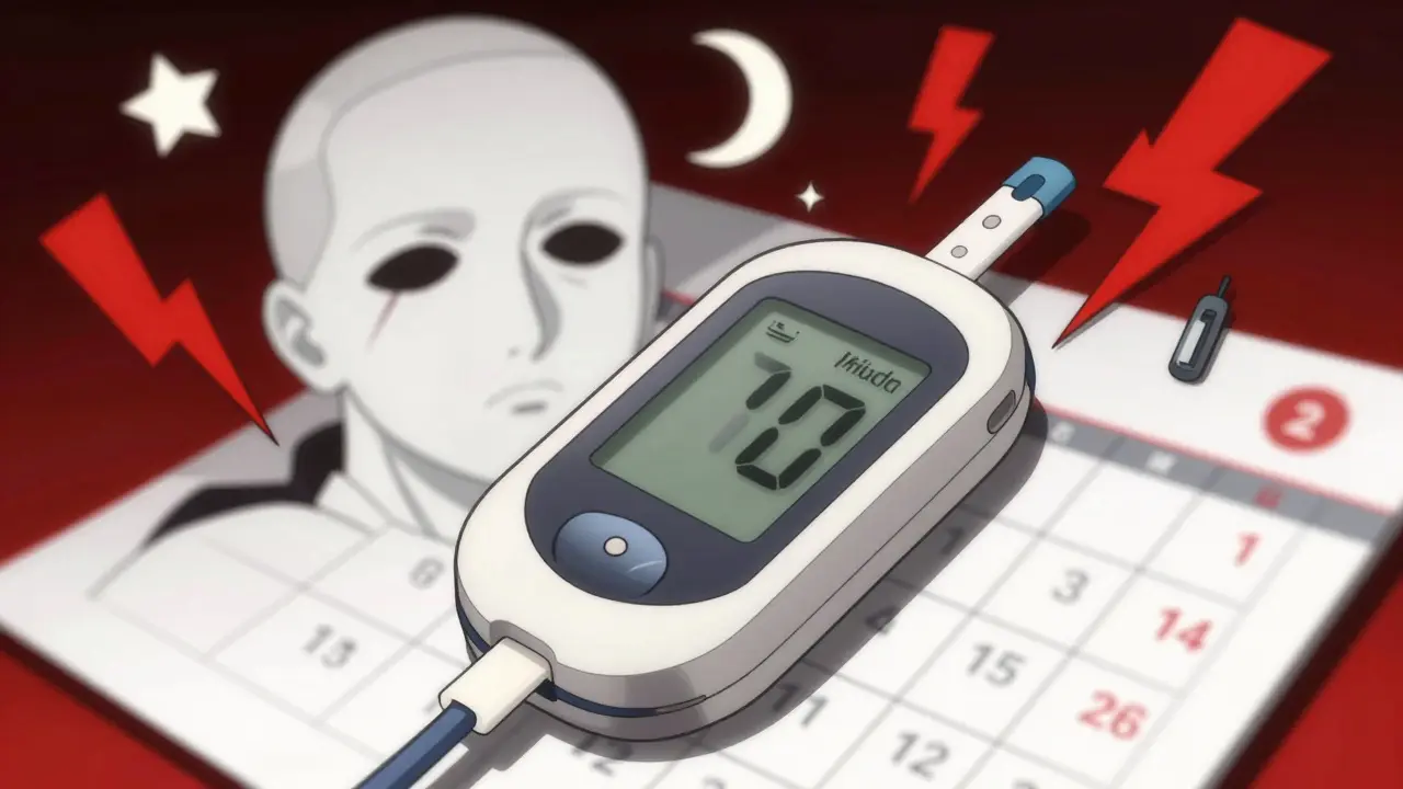Anime illustration of a glucose monitor and abstract symbols of insomnia and mood changes.