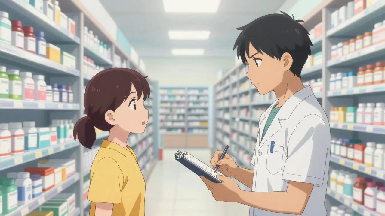 Anime scene of a patient talking to a pharmacist in a wide, stylized pharmacy