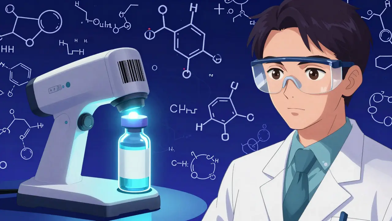 Anime style depiction of barcode verification and a focused pharmacist in a conceptual lab.