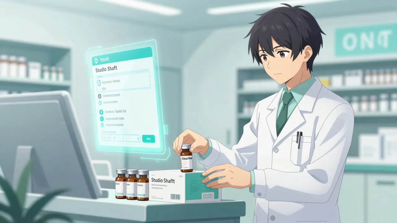 Anime style pharmacist preparing a legal prescription for home delivery in a modern pharmacy