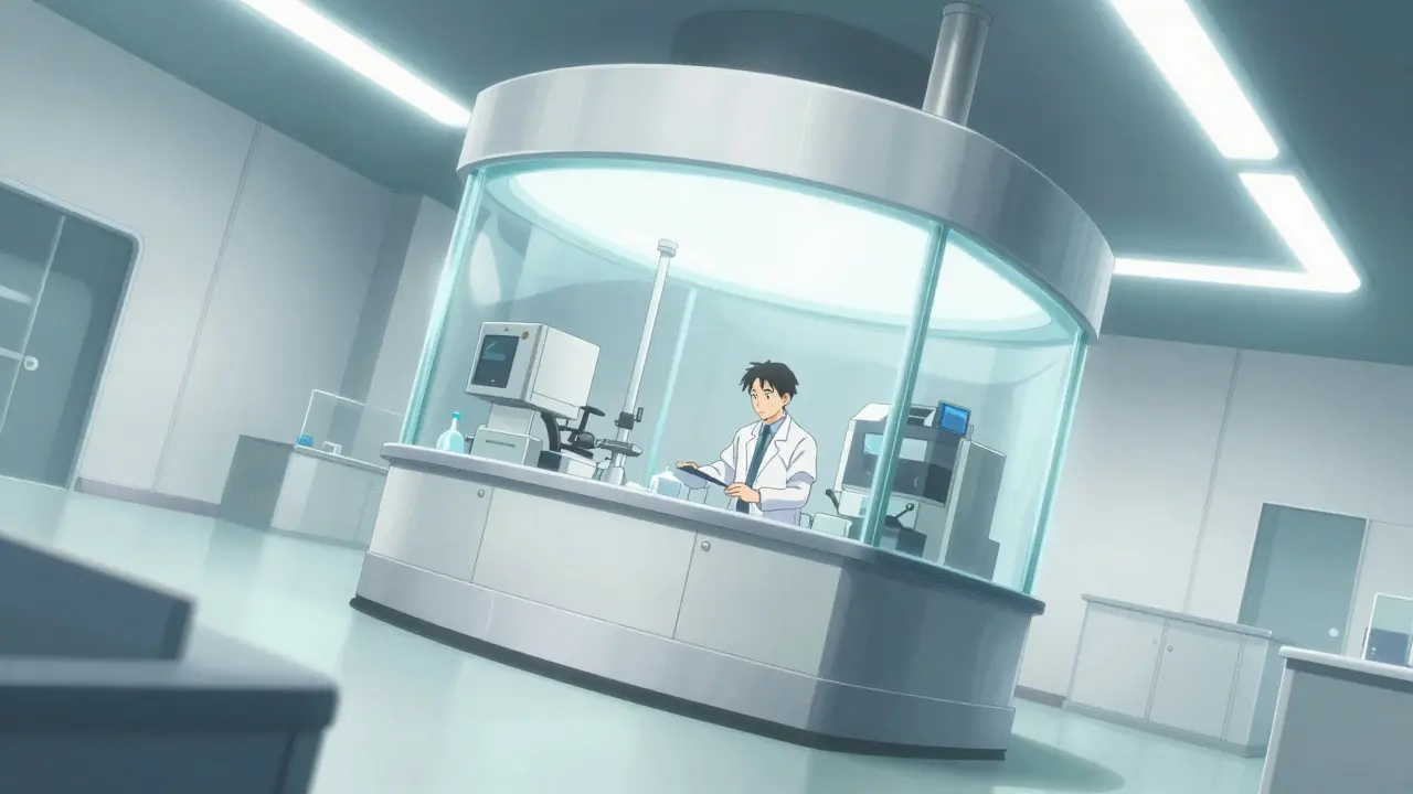 Anime style view of a pharmacist working inside a sterile ISO Class 5 compounding bubble.
