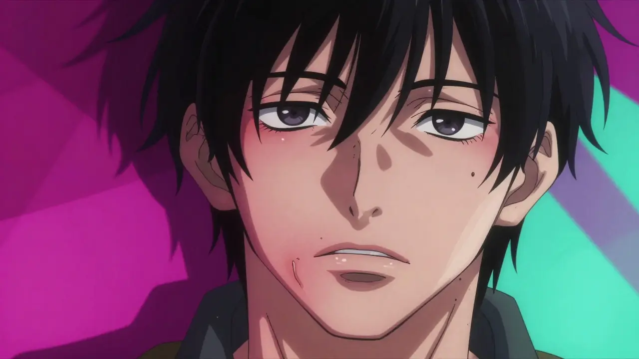 Close-up of a face with swelling around the eyes and lips against a colorful geometric background