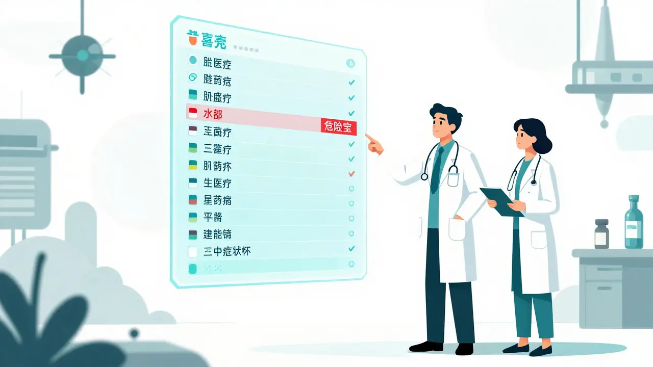 Doctors reviewing a holographic list of medications in a surreal, minimalist anime environment.