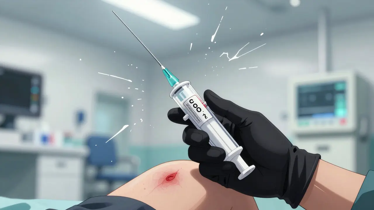 Hand holding an epinephrine auto-injector in a sterile emergency room setting