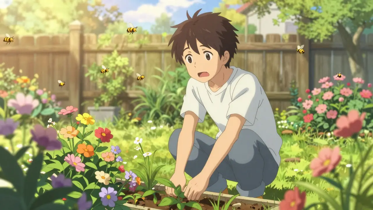 Happy person gardening peacefully with bees around in a vibrant, sunny backyard.