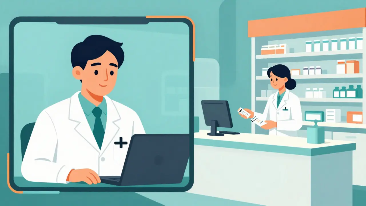Split screen showing a telehealth doctor and a pharmacist providing medication