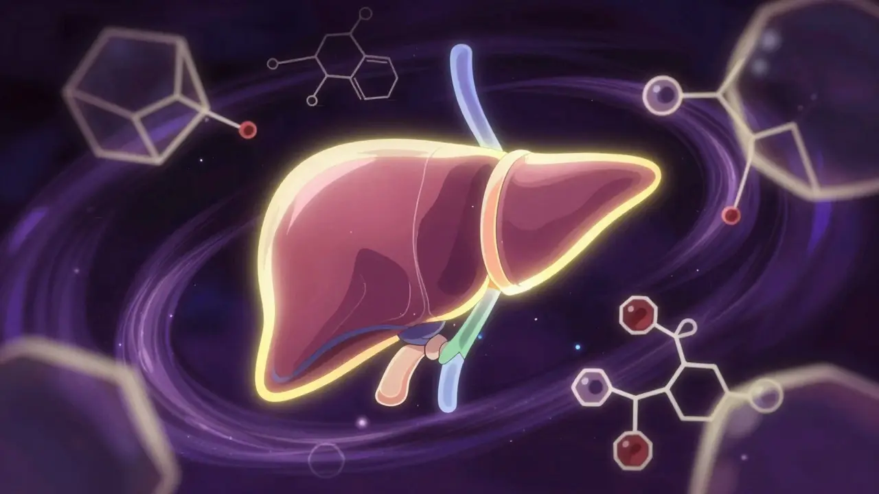 Stylized abstract representation of liver enzymes and chemical particles in purple and gold
