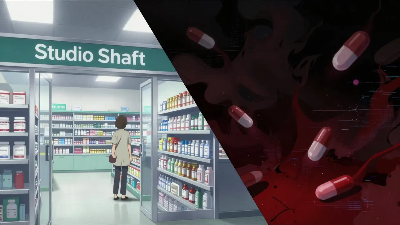 Stylized anime contrast between a safe pharmacy and a dangerous illegal website