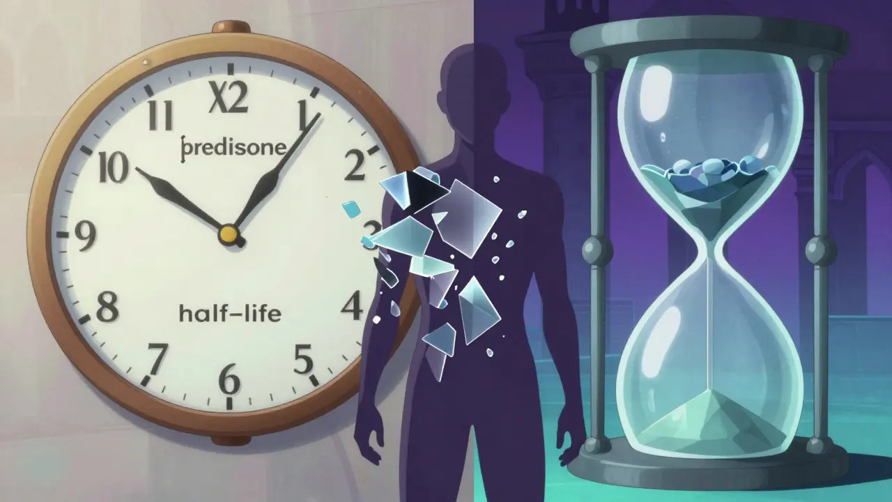 Stylized anime split-screen showing a melting clock and a frozen hourglass representing drug half-life.